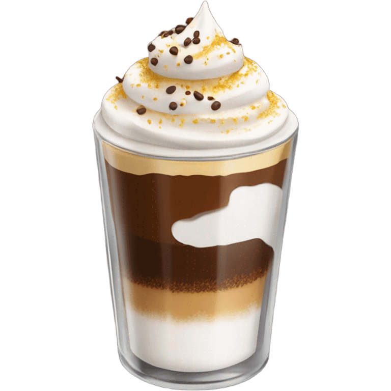 Shot glass, liquid inside is divide in two, yellow at the bottom an coffee on top covered whit a nice spry cream an chocolate powder emoji