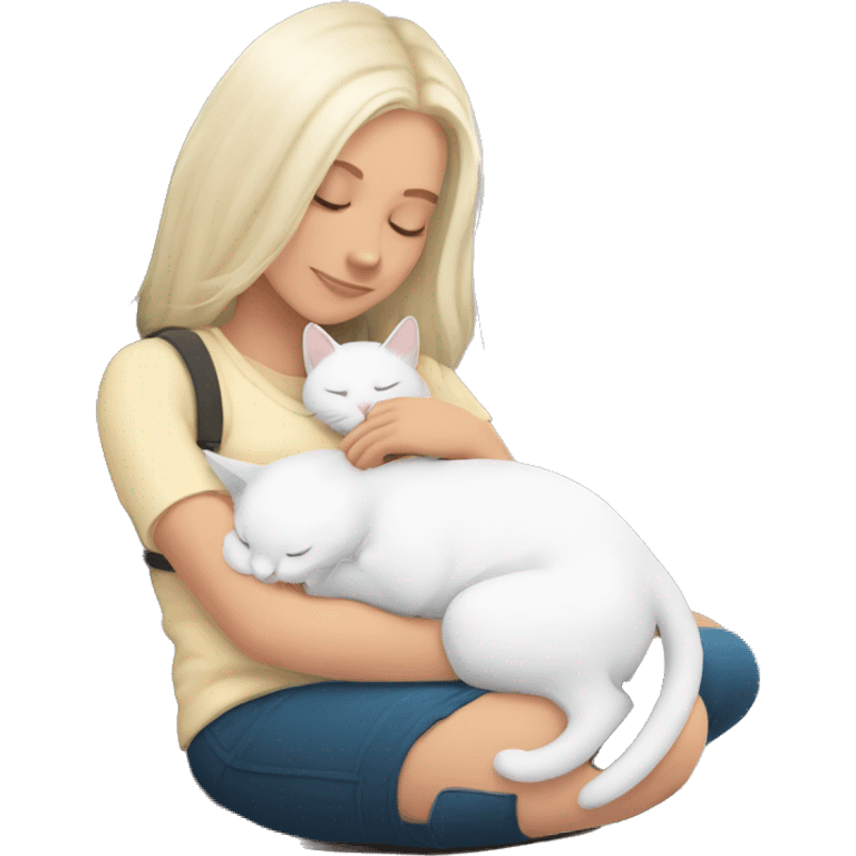 White kitty sleeping on brunette white girl's lap emoji