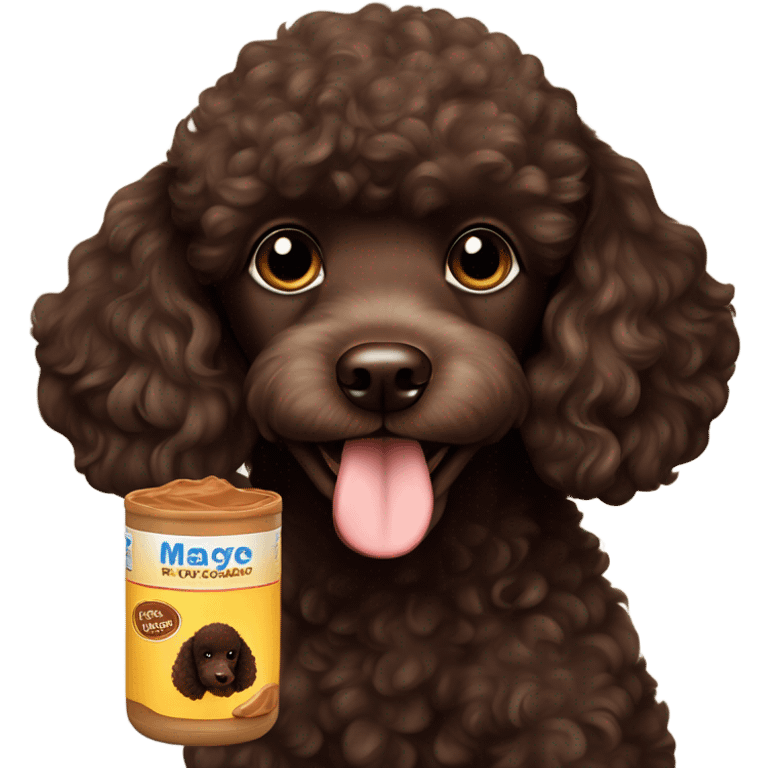 Dark chocolate brown poodle puppy with peanut butter all over him emoji