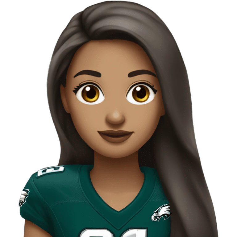 girl with brown hair, brown eyes, white skin. silver earrings, long hair. wearing Philidelphia Eagles gear emoji