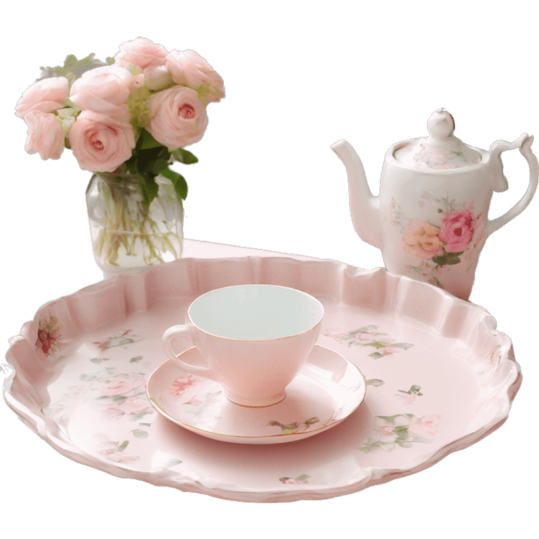 Light pink glass serving tray with handles, shabby chic style with floral print, with porcelain tea set on it emoji