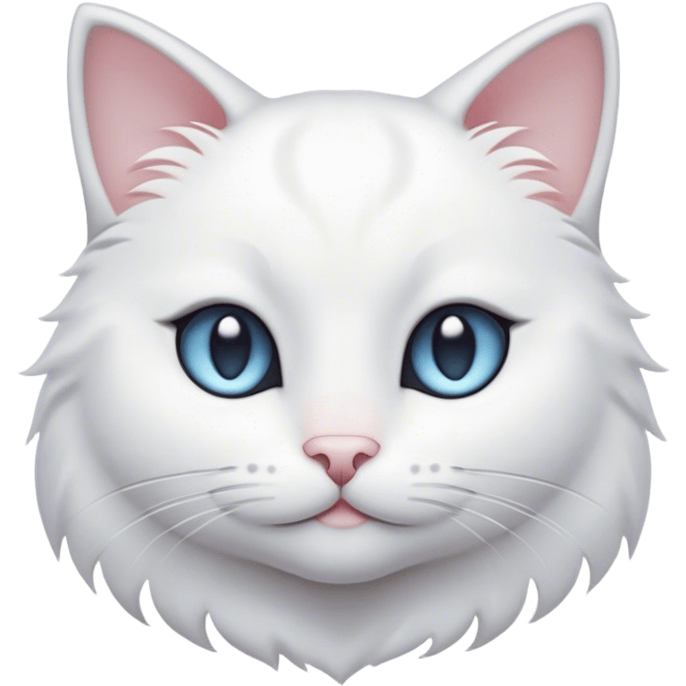 Cinematic Cute White Cat Portrait Emoji, Head tilted with a soft, gentle smile and sparkling eyes, featuring a silky, pristine white fur with subtle silver highlights, simplified yet irresistibly adorable, highly detailed, glowing with a warm, snowy glow, high shine, radiating affectionate charm and tender grace, styled with a light, playful outline, capturing the essence of a cute white cat that looks as if it could melt your heart with a single blink! emoji