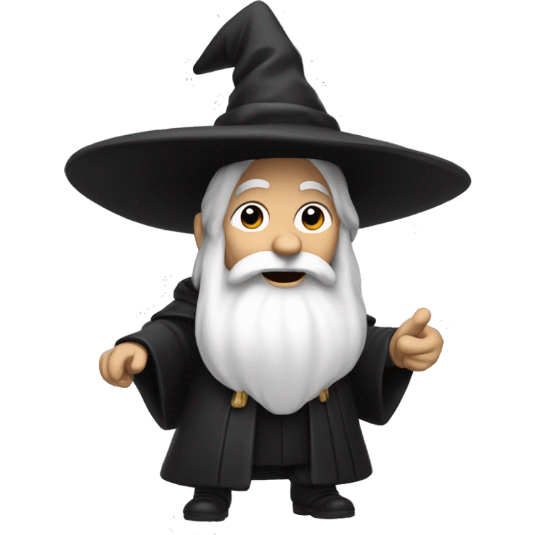 A wizard with a black hat and a black coat. He has a white beard. he is  pointing downards his full body is shown emoji