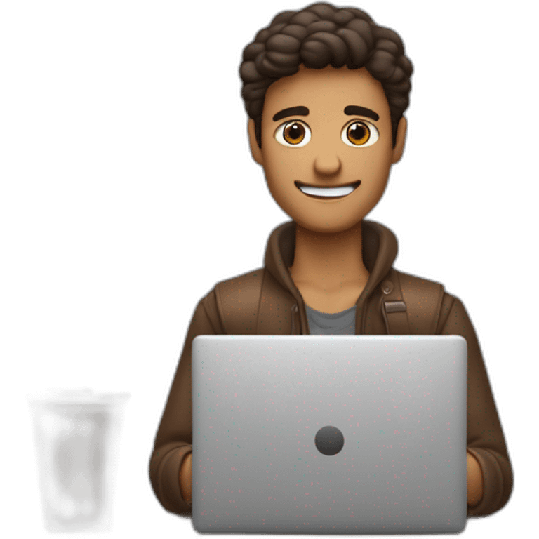 un chico con pelo marron texturizao, con una mano escribiendo en una laptop de windows, y con la otra mano agarrando un paliz, y que en sue escritorio tenga dinero y un cuaderno emoji