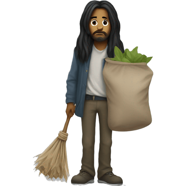 Homeless man with long straight black hair carrying a bindle emoji