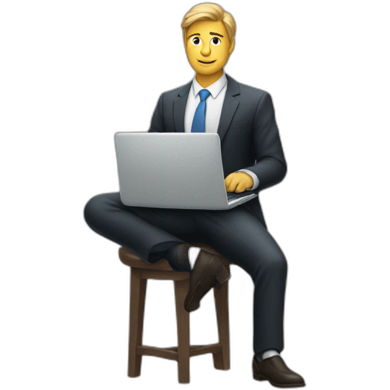 man sitting on stool wearing a suit holding up a laptop emoji