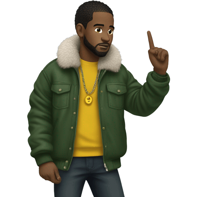 Side profile of a hip hop artist. He is holding a mic in one hand. That arm is pointing down. He's wearing a puffy dark green jacket. The jacket has a furry yellow collar.  emoji