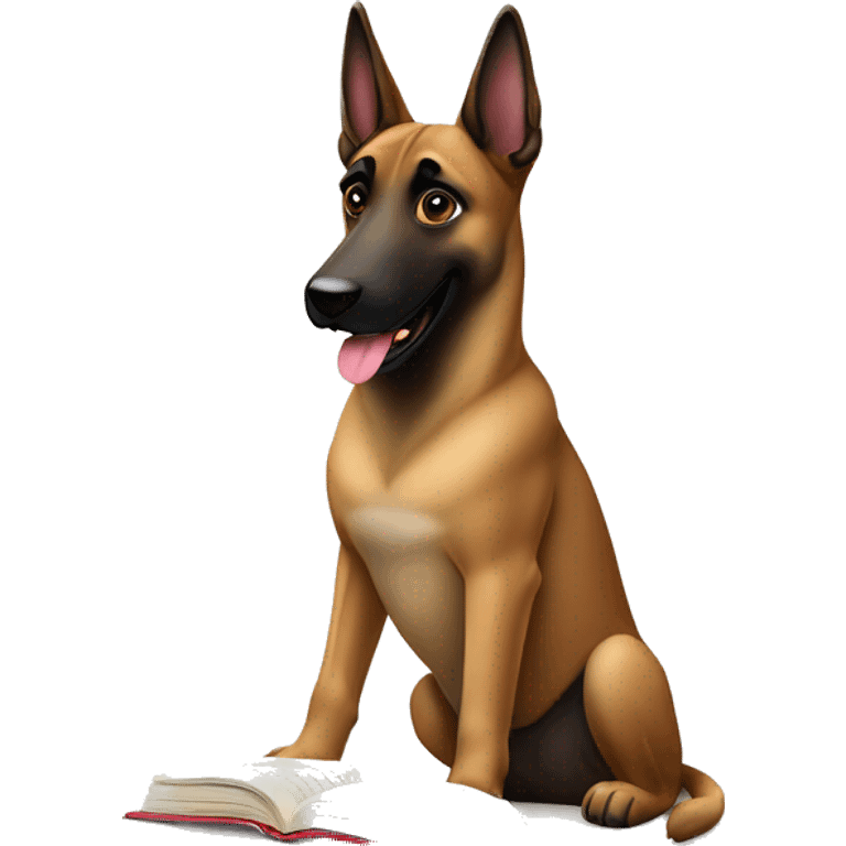 malinois prends des notes avec un livre emoji