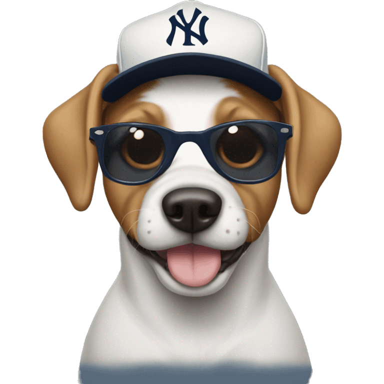 Dog wearing sunglasses and a Yankees hat emoji