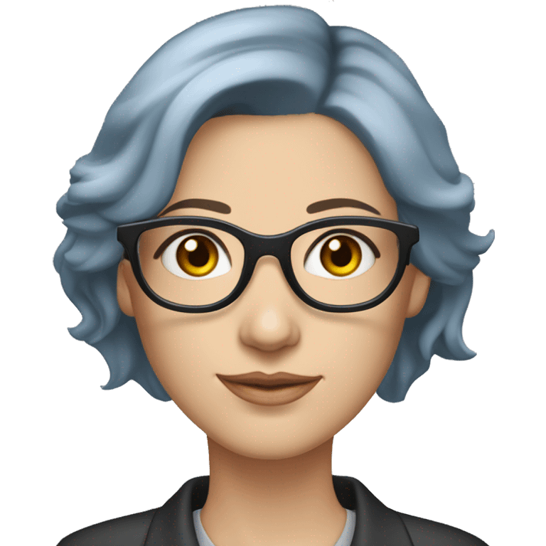 Caucasian woman with chin length layered blue hair and grey eyes wearing light grey square-shaped glasses and a black collared shirt emoji