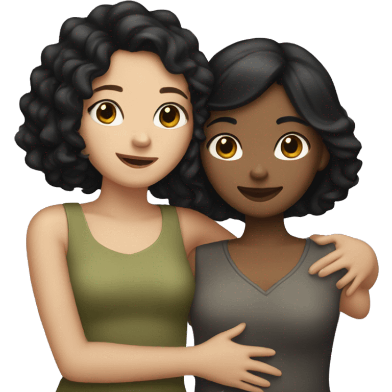 two girl best friends hugging black hair one olive skin, other pale skin emoji