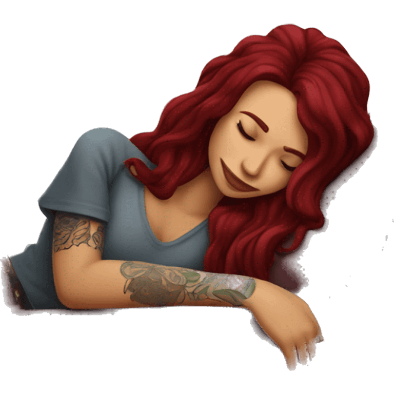 Beautiful tattooed burgundy long haired woman napping on sofa emoji