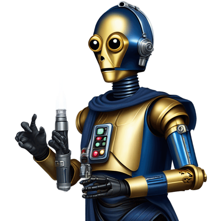 tough well-equipped jedi first order life-sized darkblue-pearl C3po as a friendly bounty hunter droid wearing a leather clothing old west duster coat holding light saber emoji