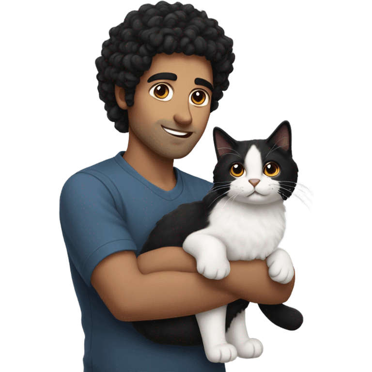 Middle Eastern man with curly black hair holding black and white fluffy cat emoji