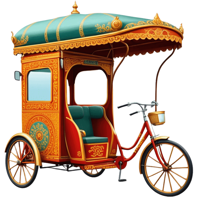 Cyclo rickshaw – Cinematic Realistic Cyclo Rickshaw, depicted as a charming, ornately painted three-wheeled cycle taxi with vintage detailing, set on bustling city streets under dynamic urban lighting that evokes cultural heritage and nostalgic charm. emoji