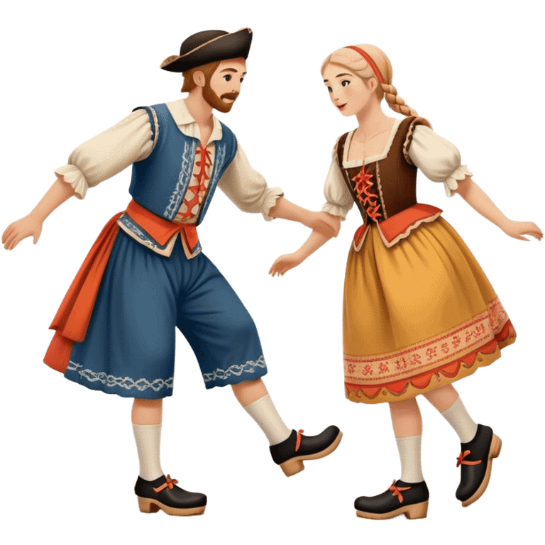 Cinematic Realistic scene of two performers executing the Klompendans, dressed in traditional Dutch costumes complete with wooden clogs and detailed folk patterns, captured in lively motion with soft, natural lighting emoji