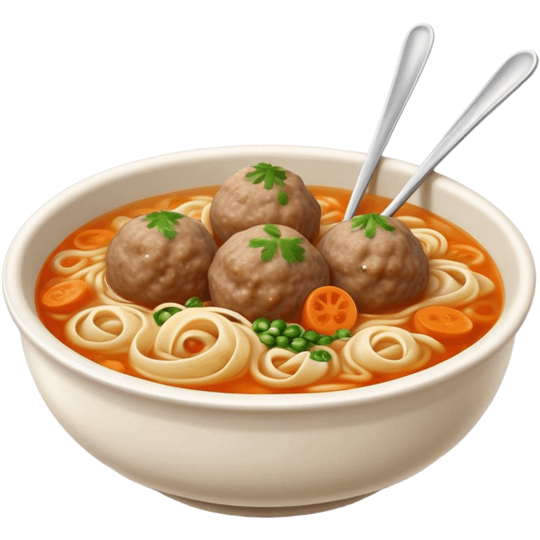 Cinematic Realistic Bakso Dish Emoji, showcasing savory meatball soup with noodles rendered with detailed textures and warm, inviting lighting. emoji