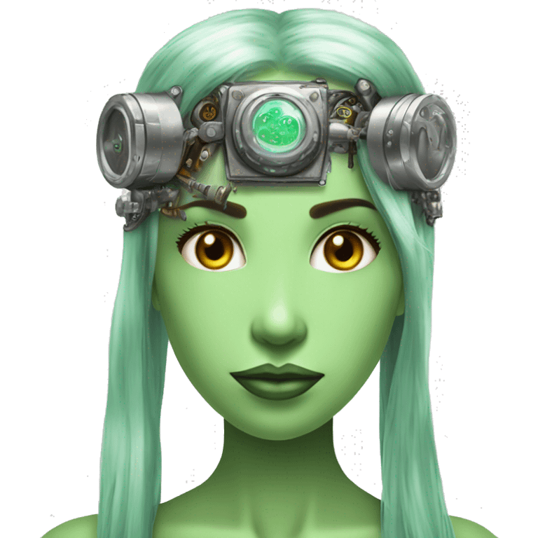 Light green long hair female cyborg head with silver steampunk headband goggles, circuits emoji