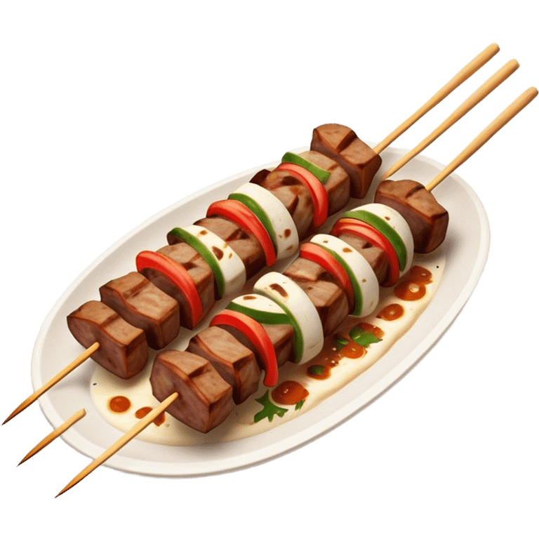 Cinematic Realistic Souvlaki Dish Emoji, showcasing skewered, grilled meat with Mediterranean spices rendered with dynamic textures and warm, appetizing lighting. emoji