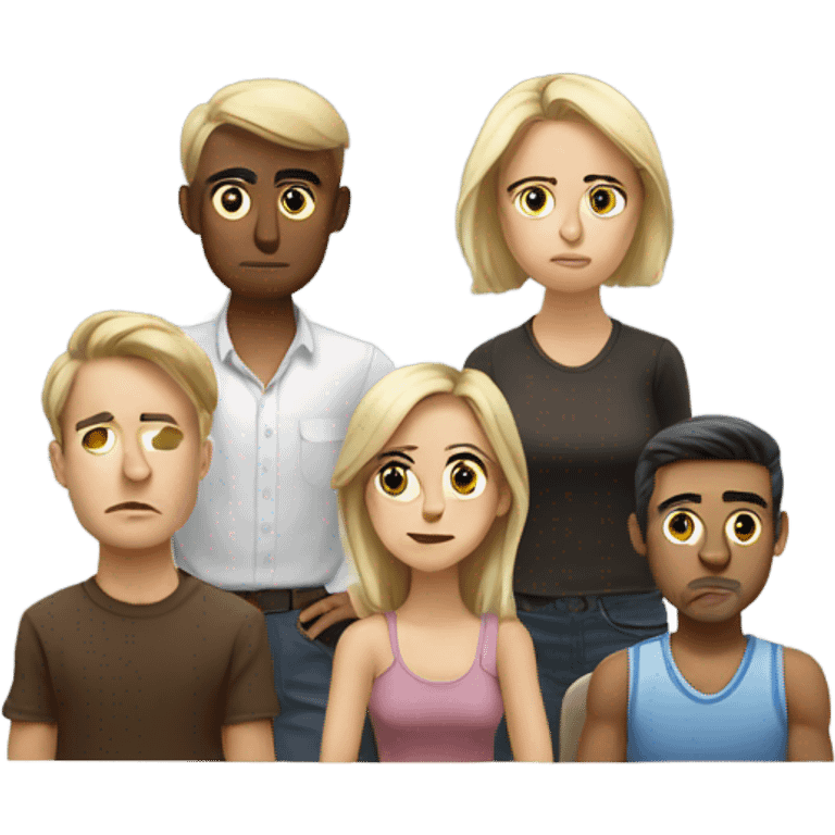 6 Caucasian people sitting around a table looking unhappy emoji