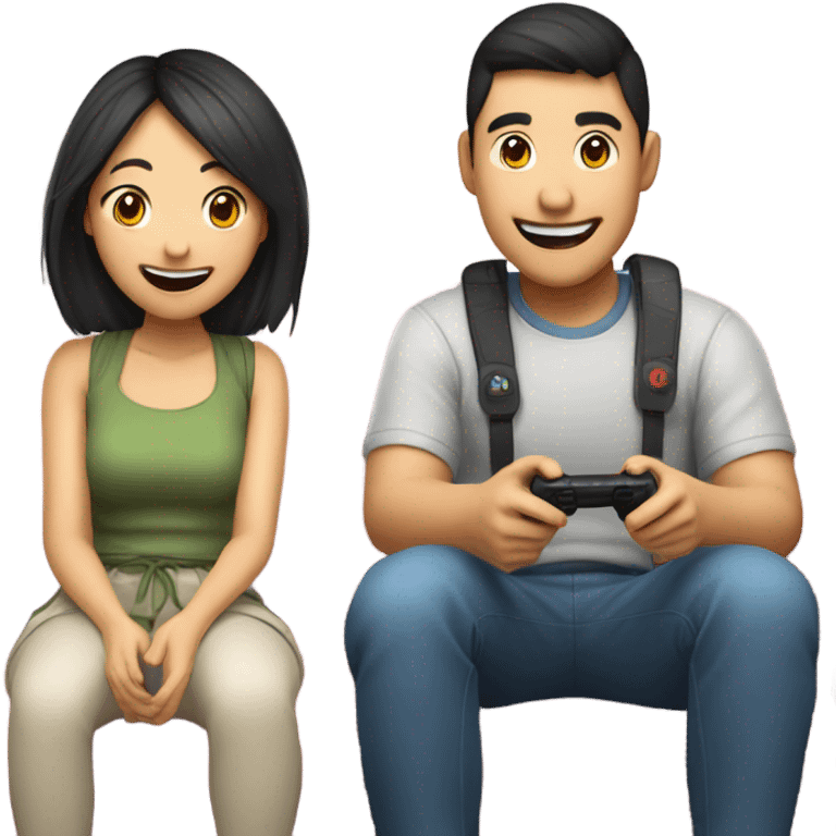 Cute Asian Couple sitting together and having fun playing video games emoji