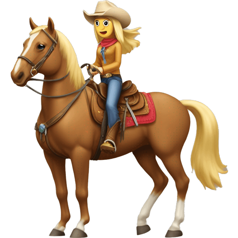 Cowgirl riding a palomino horse with western saddle  emoji