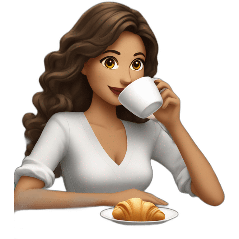 A beautiful brunette influencer drinking coffee and eating a croissant in a French bistro  emoji