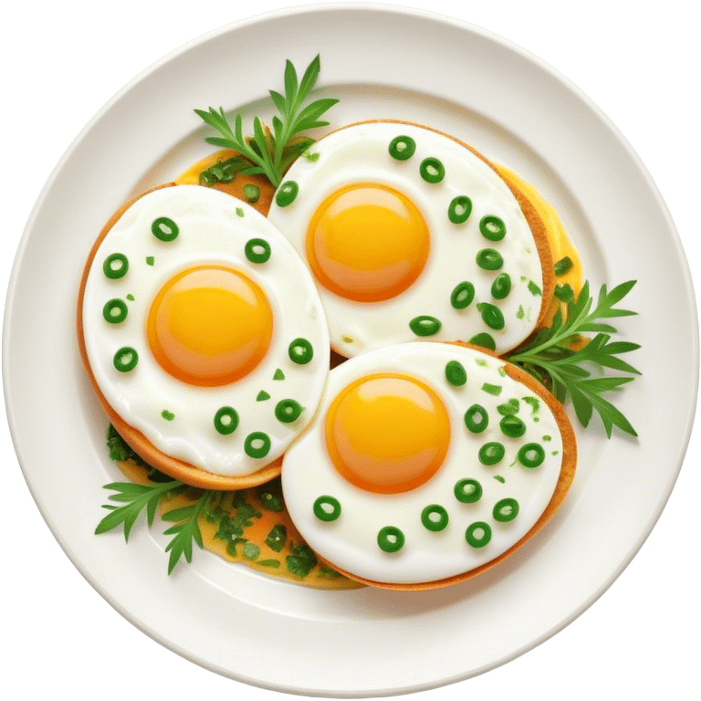 Cinematic sunny-side-up eggs, perfectly cooked with glossy yolks, crispy golden edges, sprinkled with fresh herbs, served on a rustic plate, bright and inviting, highly detailed and appetizing. emoji