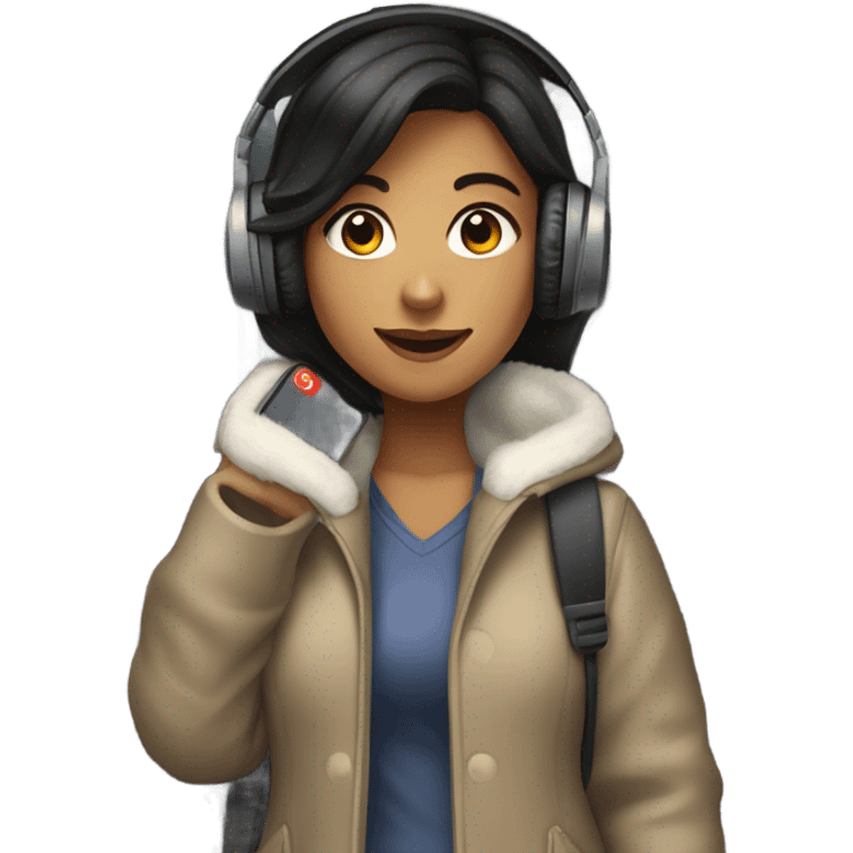 dark hair female student standing by a locker wearing wireless headphones, heavy coat, taking a selfie with cell phone emoji