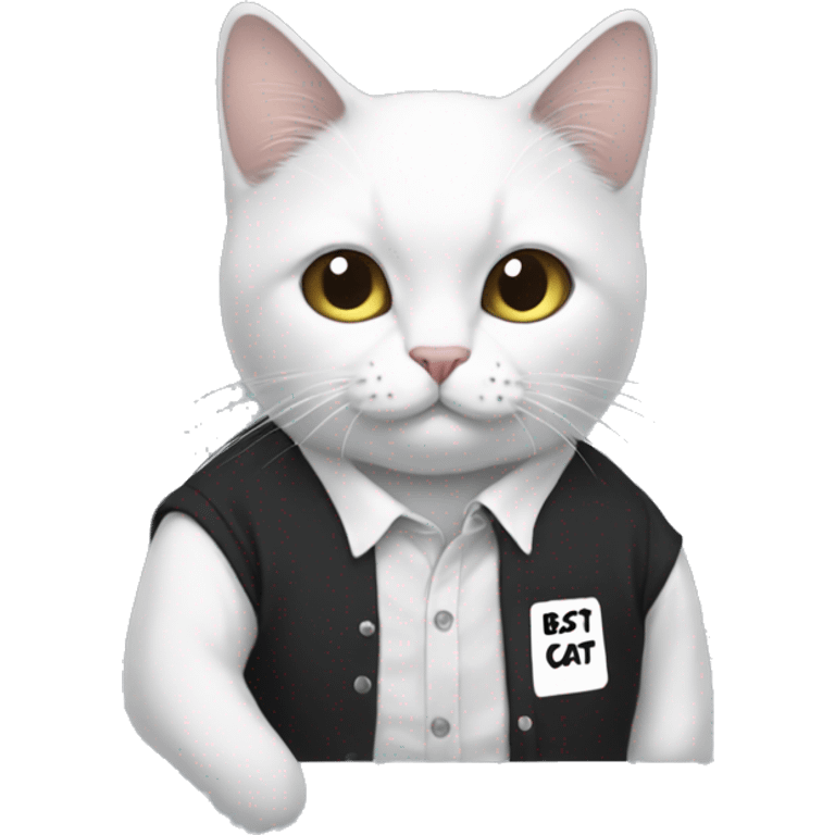 Black and white cat wearing a shirt that says best cat ever emoji