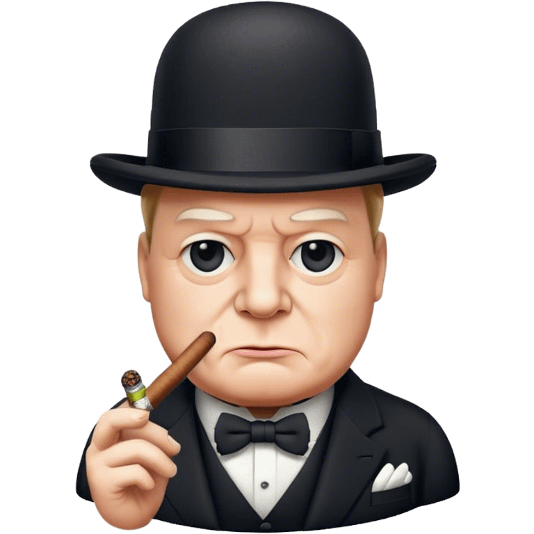 Cinematic Realistic Winston Churchill Portrait Emoji, depicted as a resolute British statesman with a signature bowler hat and a cigar, exuding determined leadership and wartime valor, rendered with lifelike textures and dramatic vintage lighting that captures his iconic British spirit. emoji