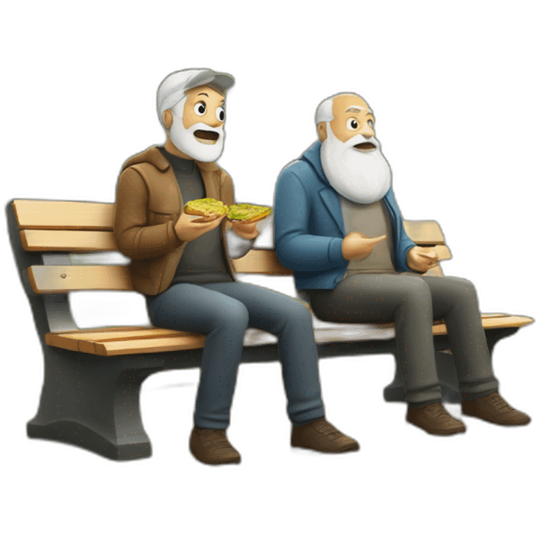 two old beard men eating shawarma on a bench on a park emoji