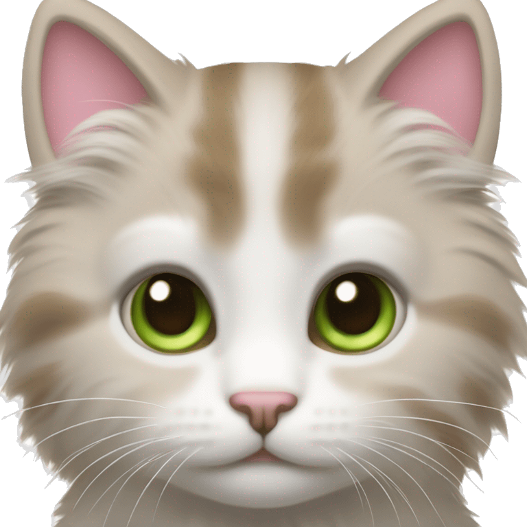 Make a kitten with brown fur, with white fur surrounding its eyes, muzzle and paws. Give it green eyes, a pink nose and white whiskers. emoji