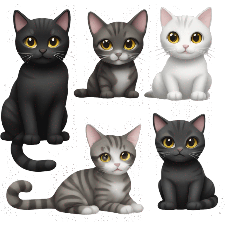 Two all black cats, a tabby cat, and grey and white cat emoji