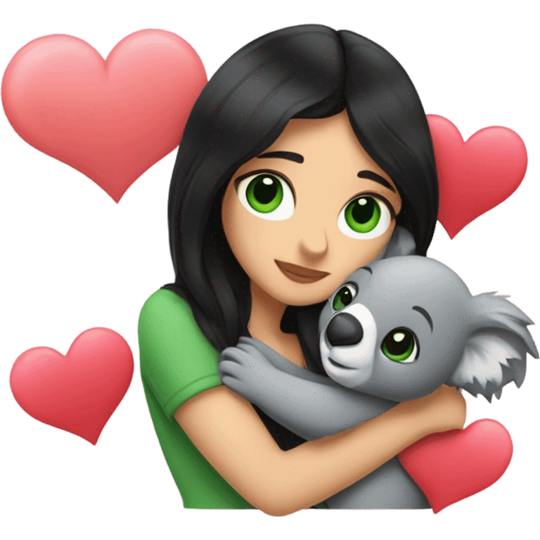 black hair with green eyes women holding and hugging a koala with hearts around them  emoji