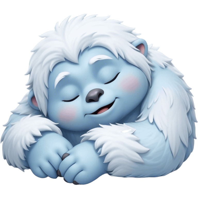 Meme-Worthy Cute Sleeping Yeti Portrait Emoji, with a charming, fluffy, snow-dusted figure in gentle whites and cool blues, head resting in blissful, serene slumber with closed, peaceful eyes and a small, contented smile, simplified yet irresistibly adorable, highly detailed with a soft frosty outline that captures the tender drowsiness of a yeti drifting into snowy dreams! emoji