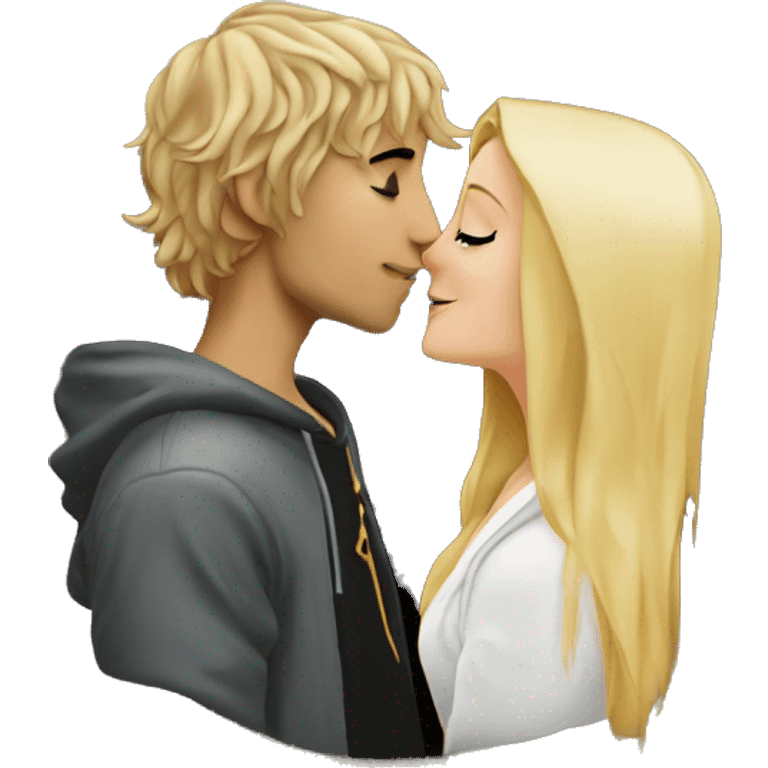 Pippin-hobbit wearing hoodie passionately kissing pretty blonde woman with black top emoji