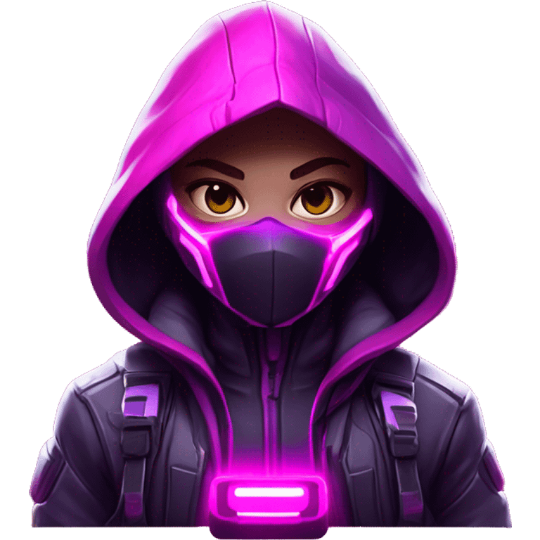 developer behind his laptop with  this style : crysis Cyberpunk Valorant neon glowing bright pink girl character dark pink purple white hooded assassin themed character emoji