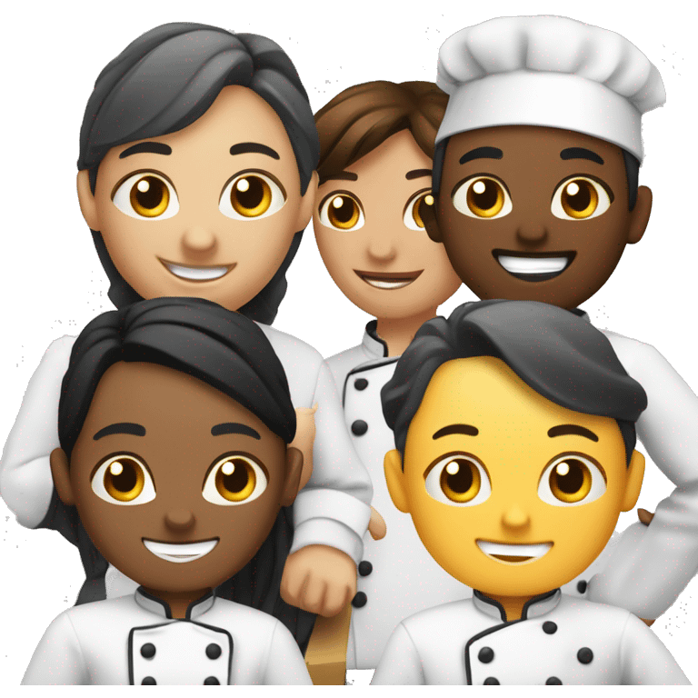 Generate an emoji featuring a group of diverse chefs or friends cooking together, with various cooking utensils and ingredients. emoji