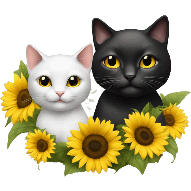 two cats black with sunflower and pionies emoji