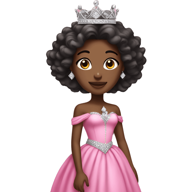 Black princess with long curly brunette hair wearing pink dress with diamond crown emoji