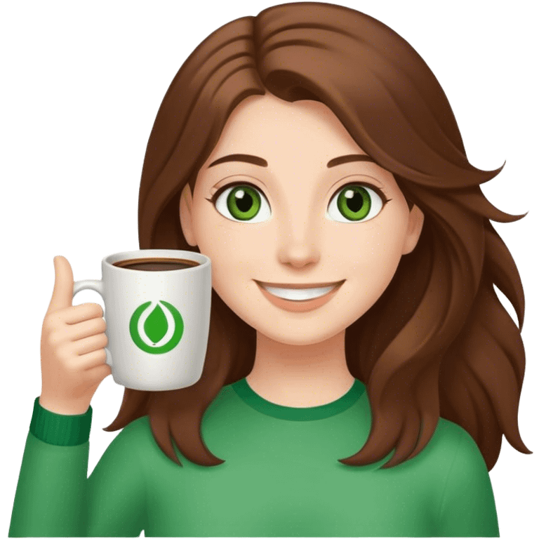 Long, Brown haired girl with middle hair part, with green eyes, smiling, waving with one hand, coffee mug in the other emoji