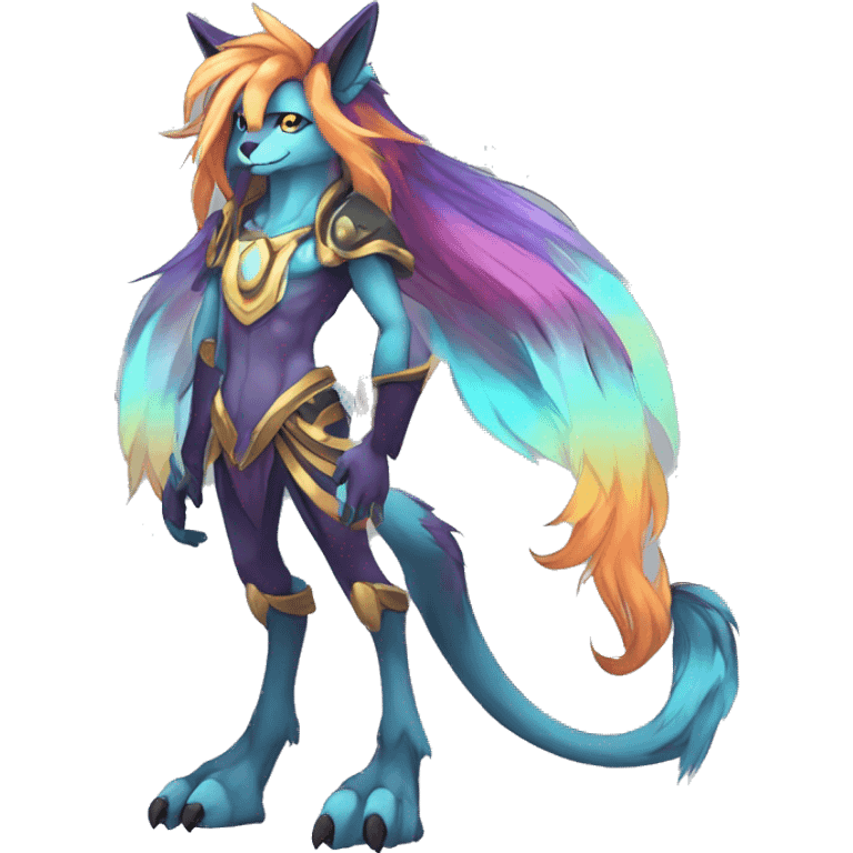 Anthro Sona Cool Edgy Legendary Colorful Shy Shiny Fakemon-Fantasy-Creature With Long Hair-Mane Full Body Detailed High Quality emoji