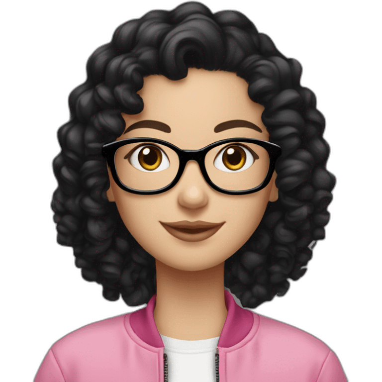 white Girl with black curly hair, ear piercings and smile,pink fleece jacket and glasses on her head emoji