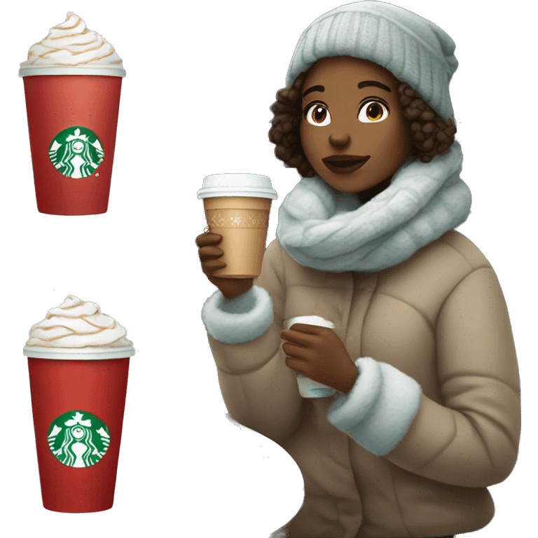 Cozy winter girl drinking Starbucks Christmas drink emoji