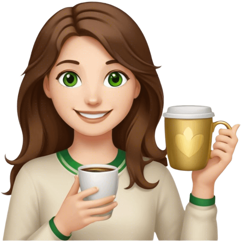 Long, Brown haired girl with middle hair part, green eyes, gold hoop nose ring, smiling, waving with one hand, coffee mug in the other emoji