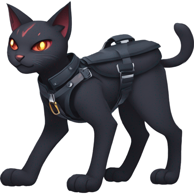 cool edgy fantasy dark-shadow-themed animal vampiric cat hybrid Fakemon  with a harness and collar full body emoji