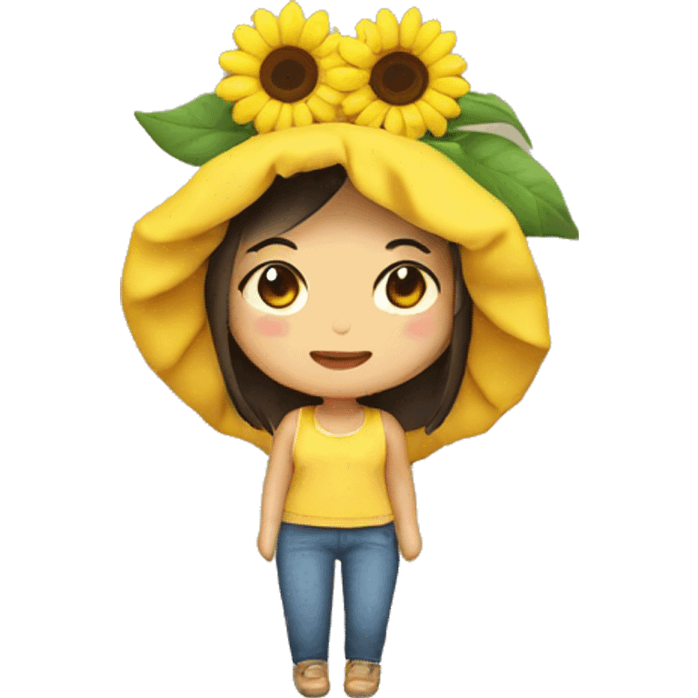 An Asian girl wearing a sunflower plushie on her head. emoji