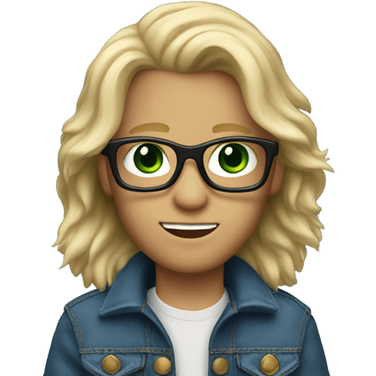 blonde long haired boy with green eyes , glasses , blue jean jacket with fur lining emoji