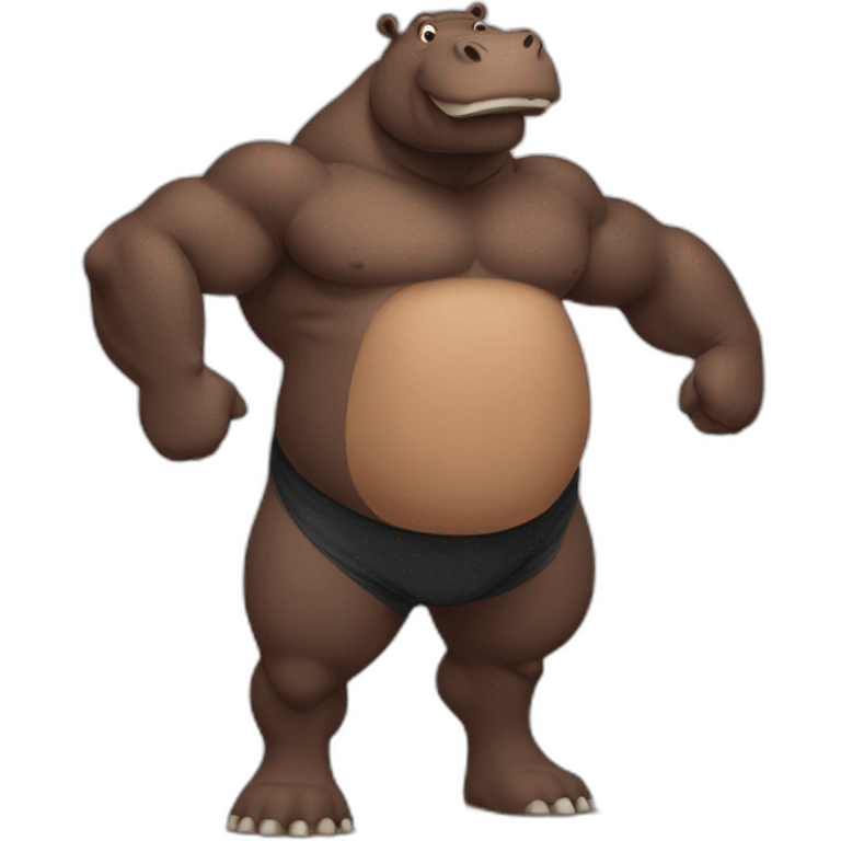 Big brown hippo with big belly doing a standing body building pose emoji